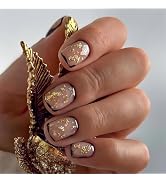 ROMODIYA Press on Nails Short Square, Black French Gold Foils Fake Nails, Gel Made Solid Color Fa...