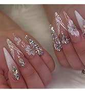Almond Press on Nails Long Fake Nails with Flower Rhinestones Designs White Nude Acrylic Nails Gl...