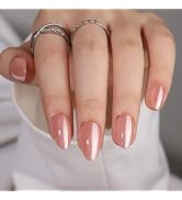 Nude Press on Nails Short Oval Nails Chrome Pink Fake Nail with Nail Glue, Soft Gel Full Cover Gl...