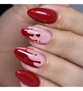 Red Press on Nails Halloween Fake Nails Medium Almond Shape False Nails with Designs Bloody Glue ...