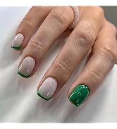 MUZOXEN French Tip French Press on Nails Short Square Green White Fake Nails Artificial False Nai...