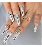 iMABC Silver Punk Metallic Press On False Nails Long Coffin Ballerina Chrome Mirror Fake Nails Fu...