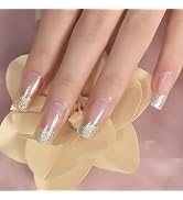 ELEVENAIL Medium Length Press on Nails Transparent Gold Glitter French False Nails Salon Manicure...