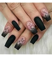 Black Press on Nails Long Coffin Flower False Nails Fall Fake Nails with Floral Design Dark Black...
