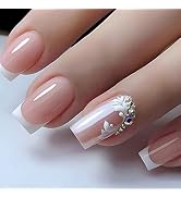 Press on Nails Medium Square French Tip Fake Nails Gradient Full Cover False Nails with Flower De...