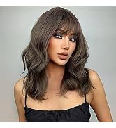 MIMAN 14 Inch Short Brown Curly Wavy Bob Wig for Women Shoulder Length Curly Wigs with Bangs Natu...