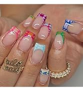 BABALAL French Tip Press on Nails Medium Square Fake Nails Colorful Glue ons Nails Crocodile Patt...