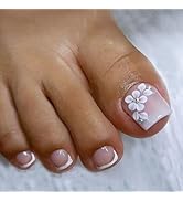 Press on Toenails Flower Fake Toenails Ombre Glossy Acrylic Glue on Toenails Full Cover Nude Toen...