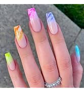 YOSOMK Colorful French Tip Press on Nails Long with Designs Pink Rainbow False Fake Nails Press O...