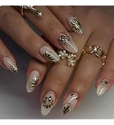 White Press on Nails Short Almond Fake Nails Flower False Nails Press ons with Designs 3D Gold Fl...