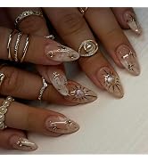 24Pcs Almond Press on Nails Medium Length Fake Nails with Designs Cute Glue on Nails Heart Star A...