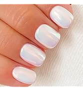 GLAMERMAID Chrome Glazed Press on Nails Extra Short Square, White Shell Handmade Gel Fake Nails S...