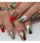 Christmas Press on Nails Medium Coffin Winter Fake Nails Flash Red Green Full Cover Xmas Tree Gif...