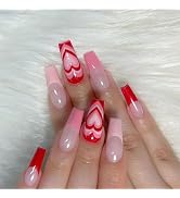 Valentine's Day Press on Nails Medium Coffin Fake Nails Pink French Tip Glue on Nails Acrylic Nai...