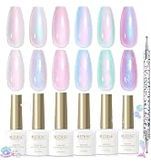 MIZHSE Pearl Gel Nail Polish Set, 6 Colors Iridescent Shimmer Aurora Blue Pearl White Purple Merm...