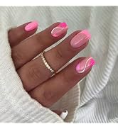 Summer Nails,Short French Press on Nails With Design,KXAMELIE Hot Pink Square Shape Colorful Swir...