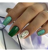 MUZOXEN Press on Nails Medium, Coffin Fake Nails with Rhinestones Glitter Sequin Artificial False...