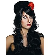 ALLAURA Amy Black Beehive Wig + Red Flower — Black Bouffant Beehive Wigs Long Black Wig Curly 90s...
