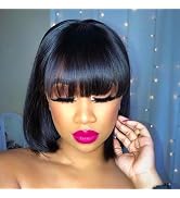 Mofyue Short Human Hair Bob Wigs With Bangs Straight Realistic Scalp Glueless Non Lace Front Wig ...