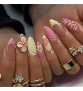 BABALAL Press on Nails Medium Almond Fake Nails Pink French Tip Glue on 3D Texture Flower False N...