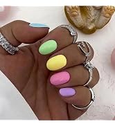 Vibrant Colorful Press on Nails Medium Square Fake Nails with Designs Glossy Multicolored Nails F...