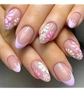 Flower Press on Nails Short Almond Fake Nails French Tip Nails Press ons Colorful Flowers Acrylic...