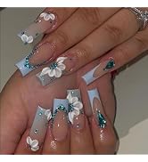 BABALAL Blue Press on Nails Long Square Fake Nails French Tip Glue ons Nails 3d Flower Design Acr...