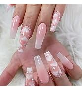 YOSOMK 24PCS Pink Press on Nails Long Coffin Fake Nails with Designs Glossy False Nails for Women...