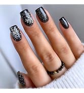 Snowflake Press on Nails Medium Square Christmas Black Fake Nails Christmas Nails Press ons Full ...