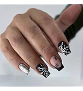 Christmas Press on Nails Medium Square MABKJLF French Tip Fake Nails Black & White False Nails wi...