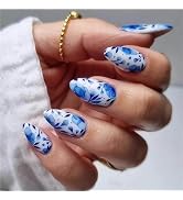 QQPPOLIU Nails Press Ons Blue Medium Almond Press on Nails With Blue Flower Designs Foreign Flavo...
