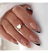 Black French Tip Press on Nails Medium Almond Fake Nails Glitter False Nails with Silver Line Des...