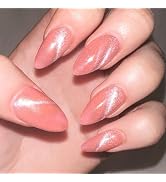 GLAMERMAID Pink Cat Eye Press on Nails Medium Almond, Handmade Jelly Magnet Gel Fake Nail, Gloss ...