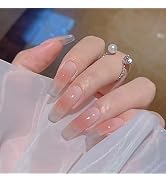 ANDGING Press on Nails Short Medium Coffin, Fake Nails for Women with Nude Pink and Clear Ombre D...