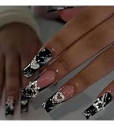 Square Press on Nails Long Fake Nails Black French Glue on Nails Glitter 3d Heart Rhinestone Desi...