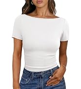 ANRABESS Women Boat Neck Tops Short Sleeve T-Shirts Ribbed Knit Tight Fitted Basic Tees Shirts 20...