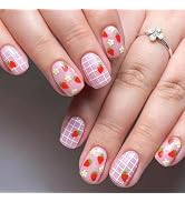 Strawberry Press on Nails Short Square Fake Nails Pink False Nails Press ons with Designs Flower ...