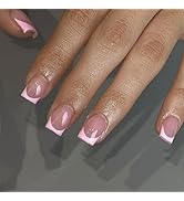 30Pcs Pink French Tip Press on Nails Short Square Nails Press ons, Short Fake Nails Coffin Acryli...