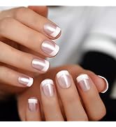iBeautying Press on Nails - Pearl Pink French False Nails | UV Full Cover Finish Short Squoval Sh...