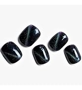 GLAMERMAID Black Cat Eyes Gel Press on Nails Short Square, Blue Handmade Jelly Soft Gel Glue on N...