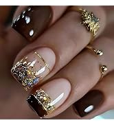Fall Press on Nails Square Short Fake Nails Brown French Tip Nails Press ons Short False Nails wi...