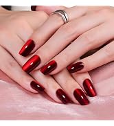 Frinail Cat Eye Press On Nails for Women - 30Pcs 15 Sizes Medium Square Fake Nails Kit, Red Glitt...