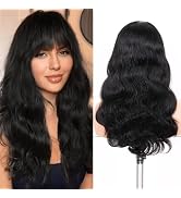 WIGNEE Natural Wave Wigs with Bangs 100% Brazilian Human Hair Wave Wigs Natural Black (18 Inch 1B)
