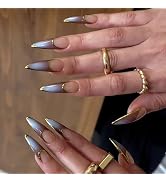 BABALAL Stiletto Press on Nails Long Fake Nails French Tip Brown Ombre Glue on Nails Chrome Acryl...