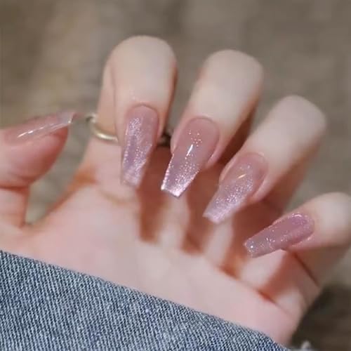 Long Coffin Press on Nails Light Pink Cat Eye Fake Nails Long Coffin False Nails with Gradient & Glitter Design Glossy Full Cover Glossy Acrylic Nails Reusable Stick on Nails for Women Girls 24Pcs