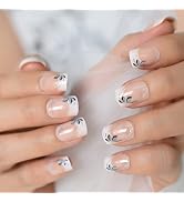 Ombre Pink Nude White French Press on Fake Nails Shimmer Glitter Leaf Short Squoval Square Nails ...