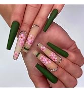 YOSOMK Spring Press on Nails Long Green Flowers False Fake Nails Press On Coffin Artificial Nails...