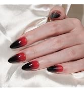 Frinail Black Ombre Press On Nails, Glossy Red Black Gradient French Tip Medium Almond Fake Nails...