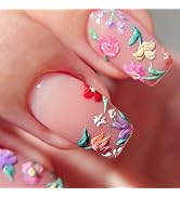 Flower Press on Nails Medium Cute Colorful 3D Flowers Fake Nails Square Acrylic Nails Press ons C...