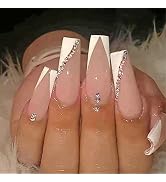 YOSOMK French Tip Press on Nails Long with Designs Pink and White Rhinestones False Fake Nails Pr...